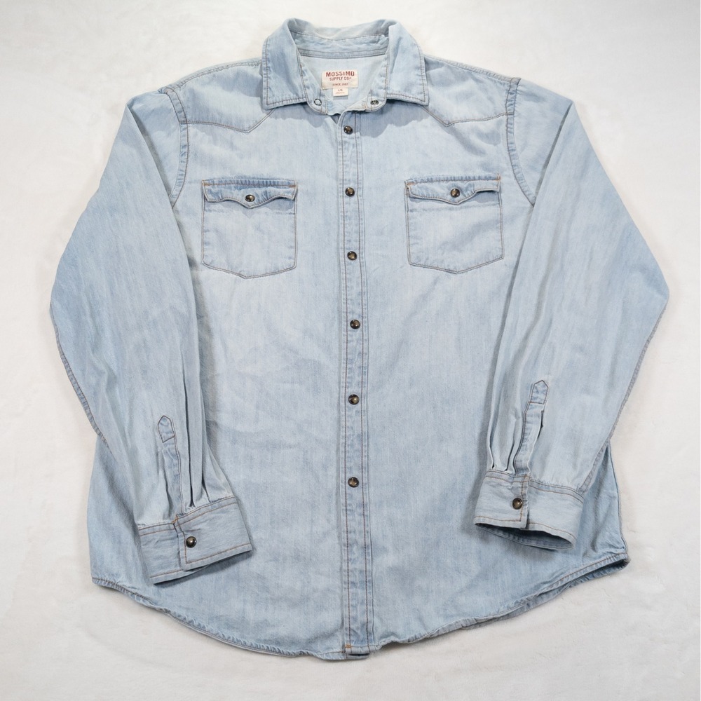 Mossimo Pearl Snap Denim Shirt Men L Blue Western Cowboy Americana Rugged Indie